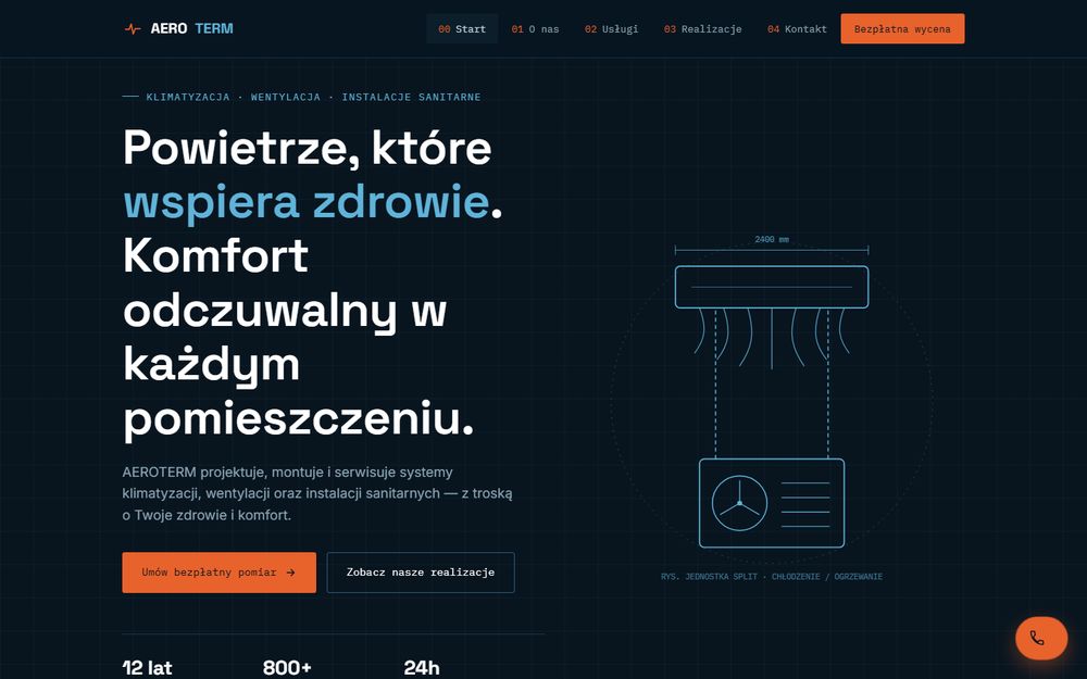 Strona główna AEROTERM — hero z rysunkiem technicznym jednostki split