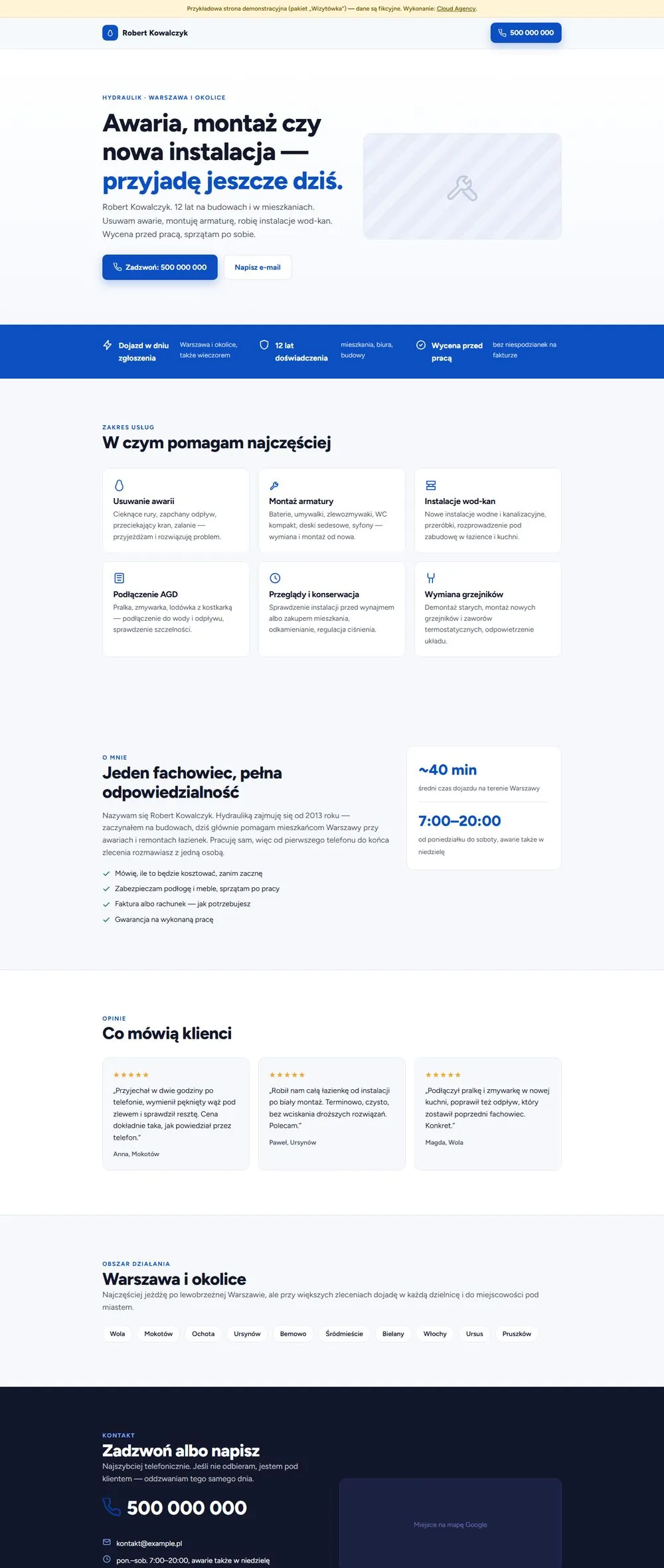 One-page website for a plumber — the full page