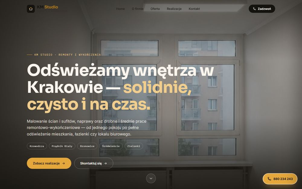 Strona główna KM Studio — hero z hasłem i dzielnicami Krakowa